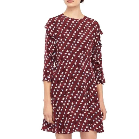 Sandro Burgundy Star Print 100% Silk Round Neck Ruffle Mini Dress Size 1=S US - Picture 1 of 13
